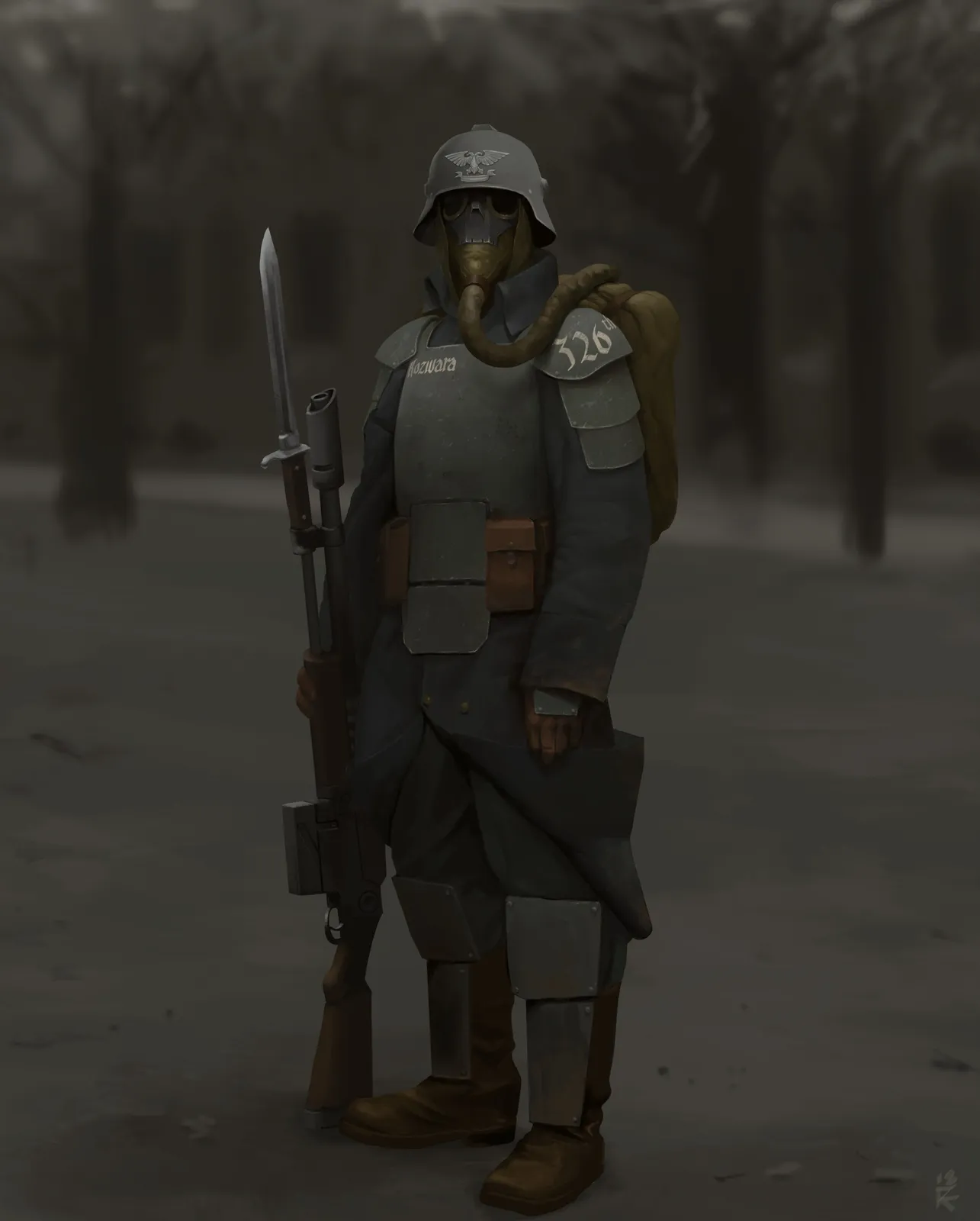 A lone Kriegsman in greatcoat and segmented plate stands at rest, lasgun and fixed bayonet at his side