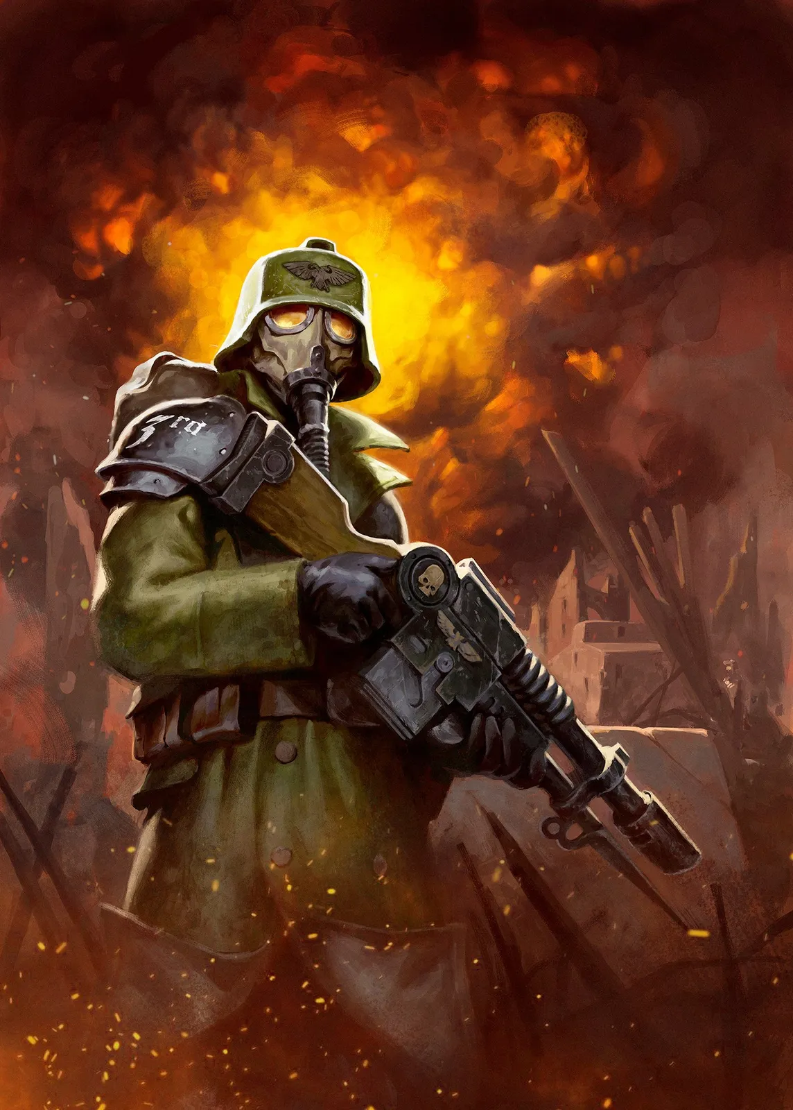 A Death Korps of Krieg guardsman in greatcoat and gas mask carries his lasgun through a burning city