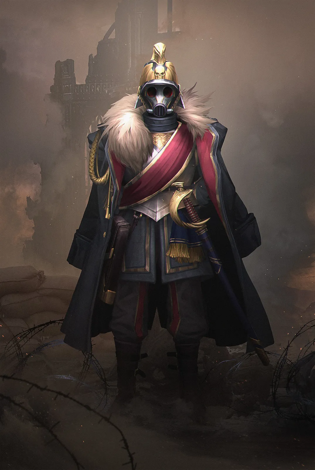 A Krieg officer in a fur-collared greatcoat, red sash and plumed gold helmet stands among the barbed wire