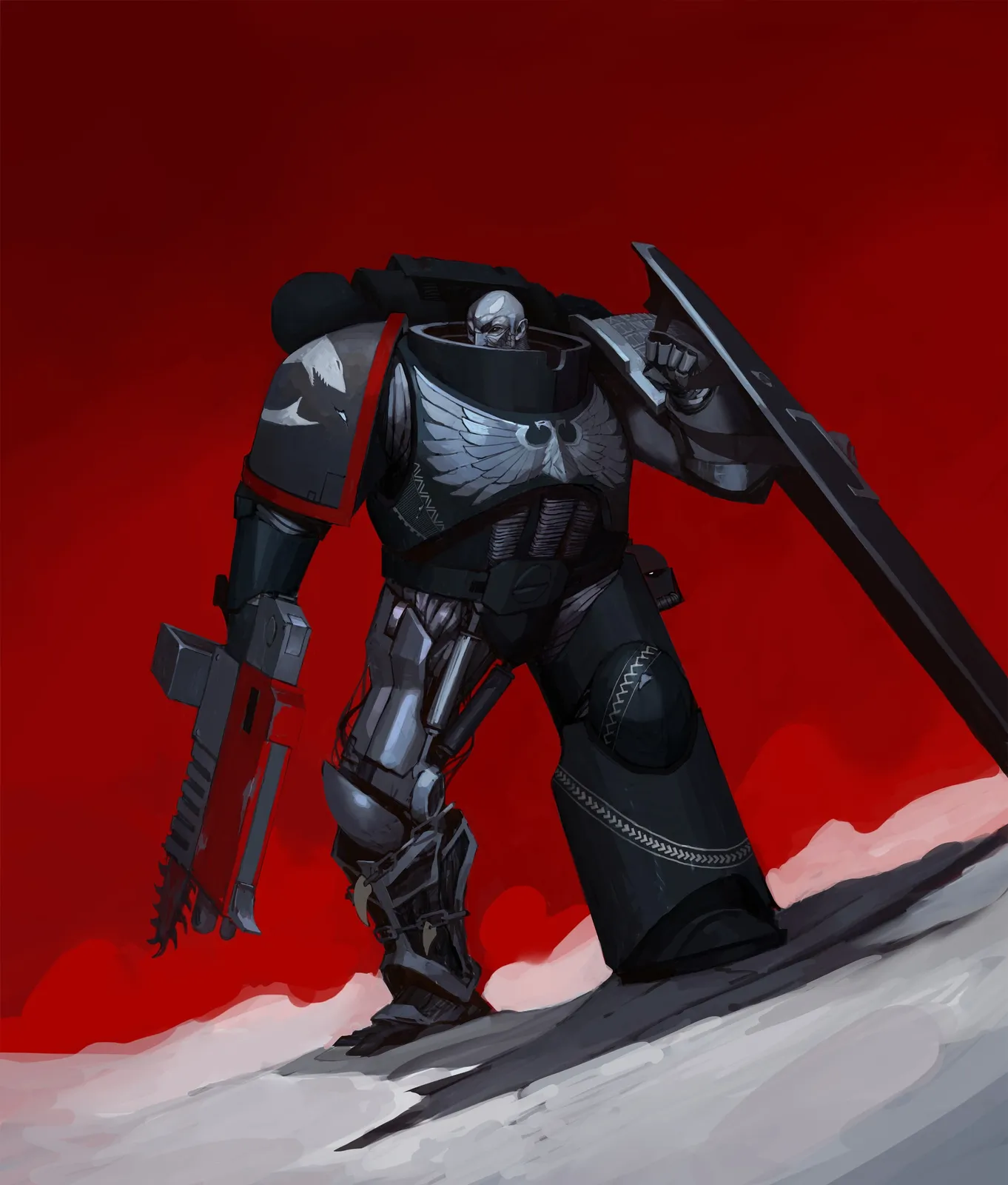 A Carcharodons veteran in black Deathwatch armor strides over the snow with bolter and chainsword