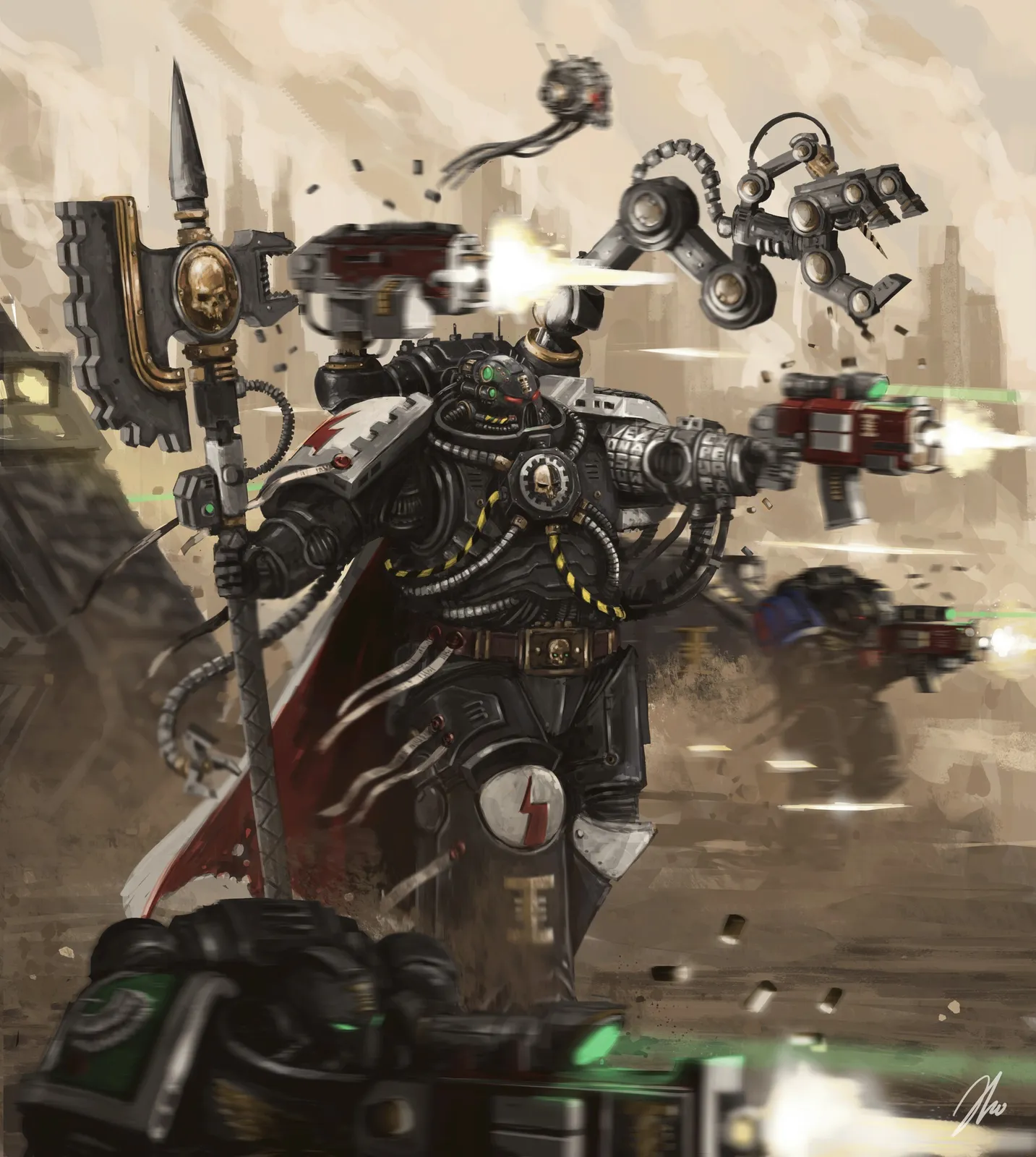 A Deathwatch Techmarine with servo-arms and an axe advances under fire with his Kill Team