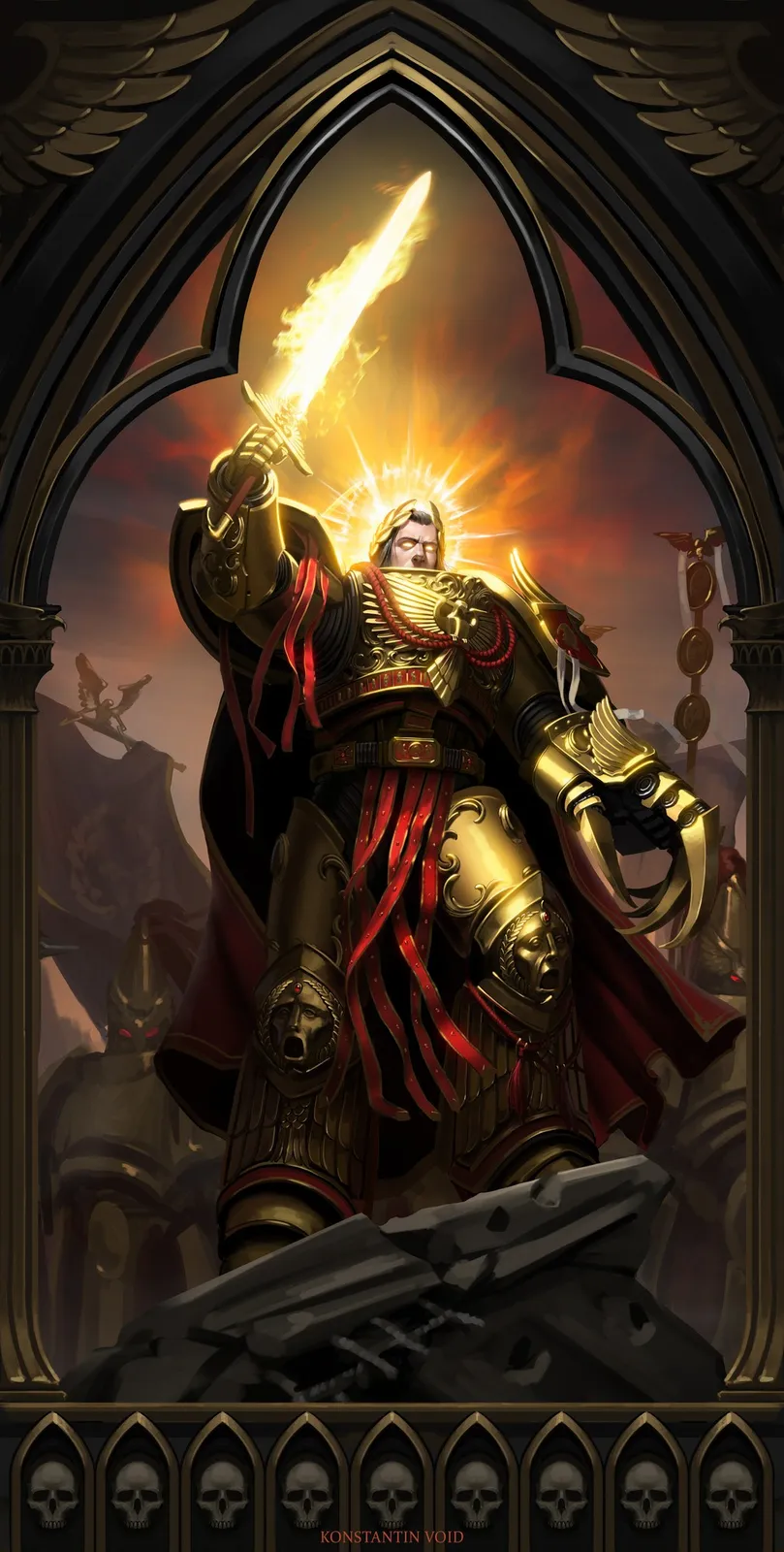 The Emperor in golden armor raises a flaming sword beneath a gothic arch, His lightning claw at His side