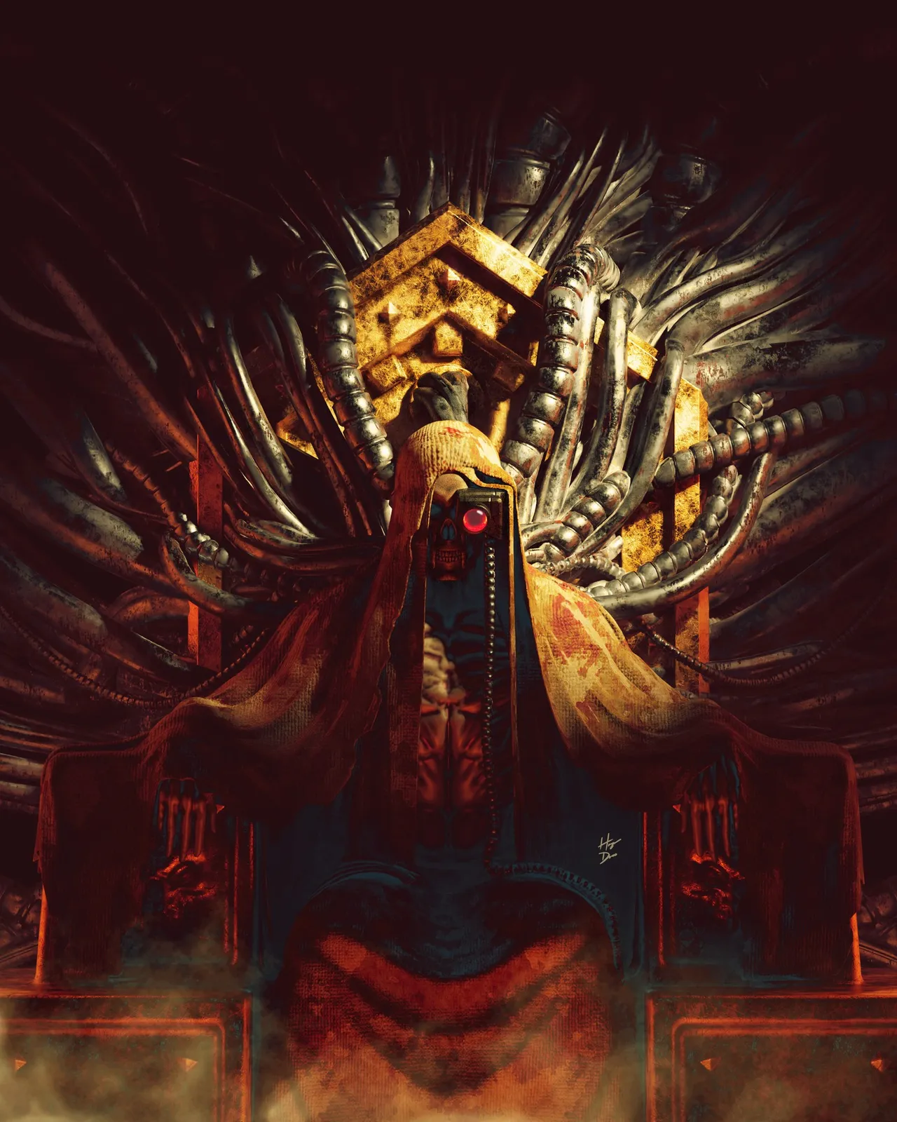 The Emperor's withered body sits upon the Golden Throne, wrapped in a tattered shroud and wired into ancient machinery