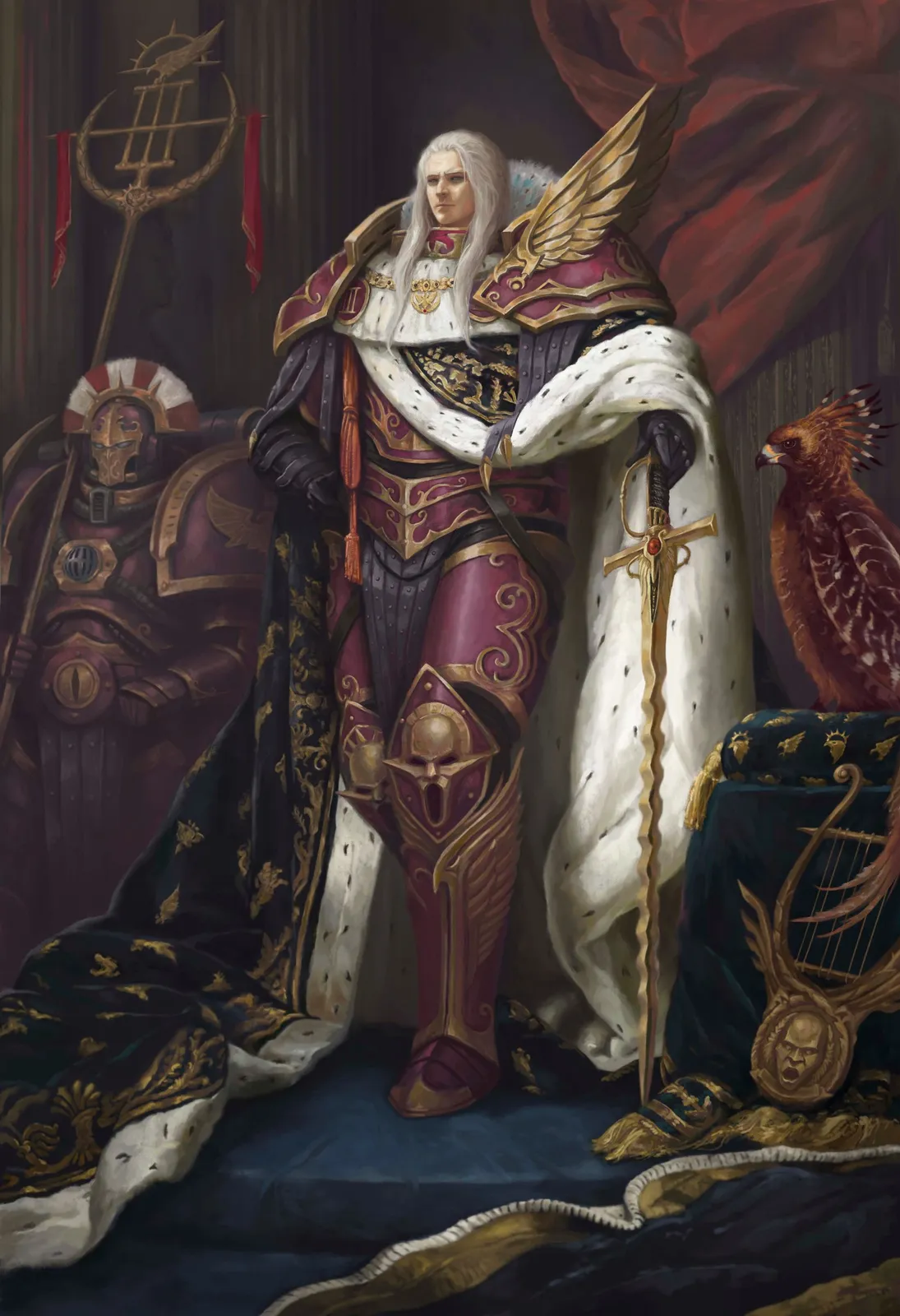 Fulgrim, Primarch of the Emperor's Children, in a royal portrait during the Great Crusade, wearing ermine robes and purple armor beside a phoenix