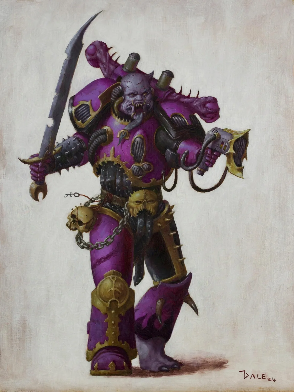 An Emperor's Children Noise Marine champion in pink and black armor with a curved blade, sonic pistol and a monstrously long tongue