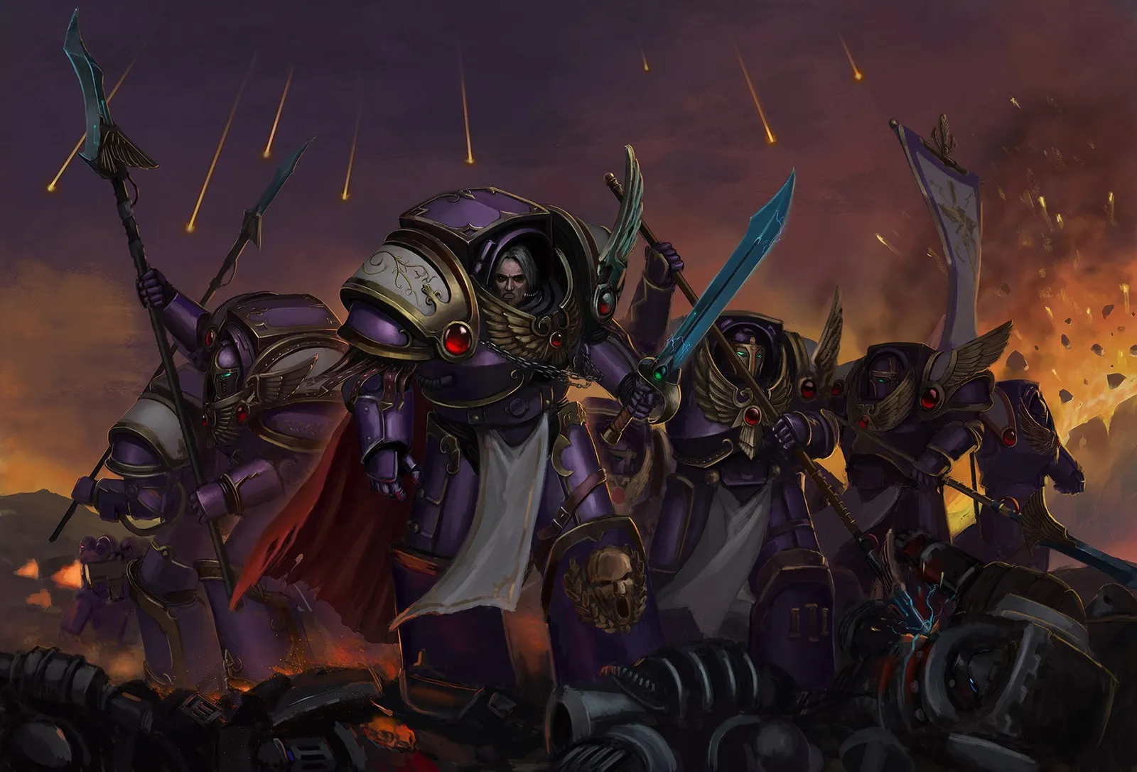 Emperor's Children Phoenix Terminators in purple and gold armor advance with spears and swords through a burning battlefield (Horus Heresy era)
