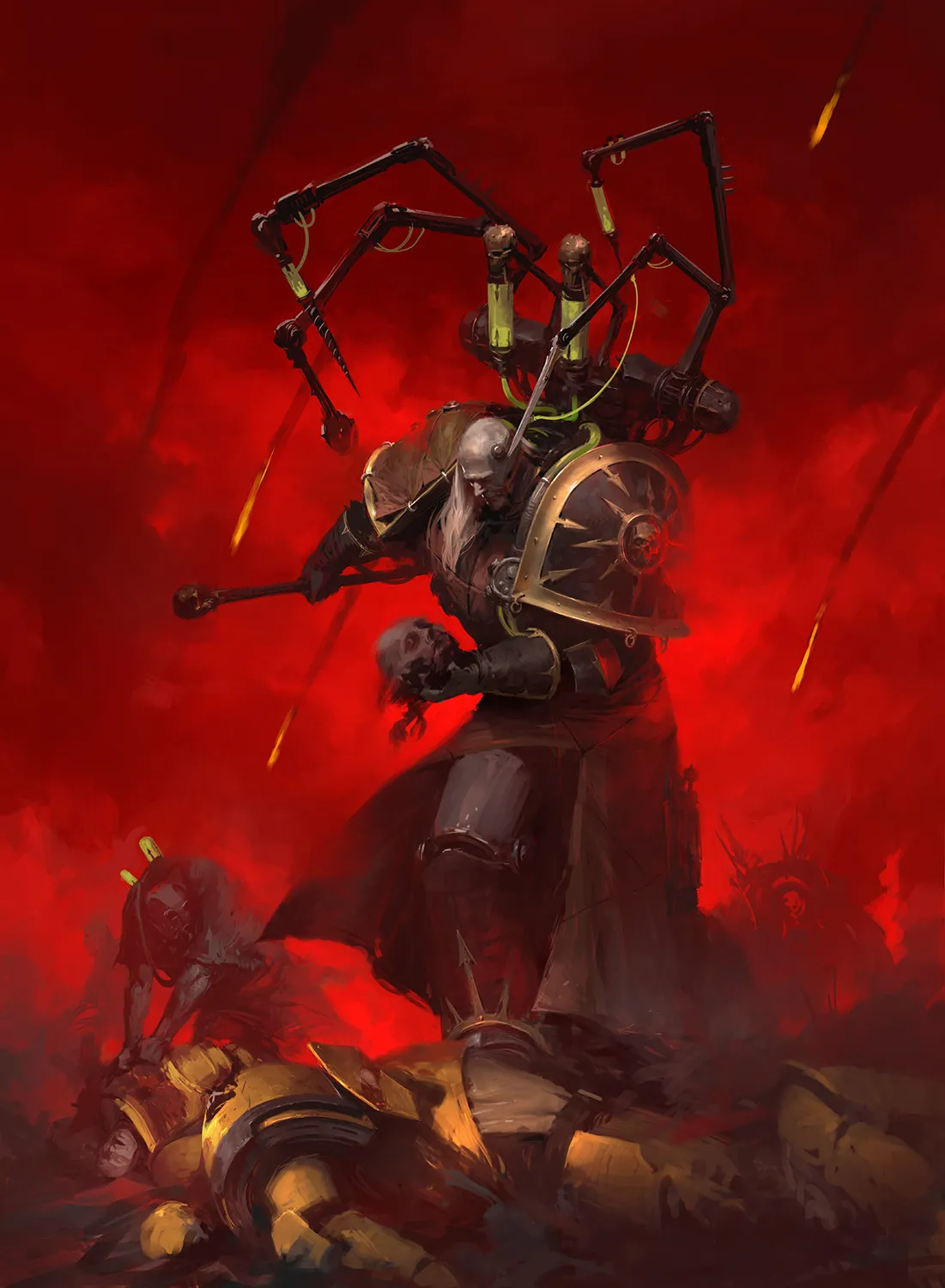 Fabius Bile stands over a fallen golden-armored warrior on a blood-red battlefield, the Chirurgeon's needles extended