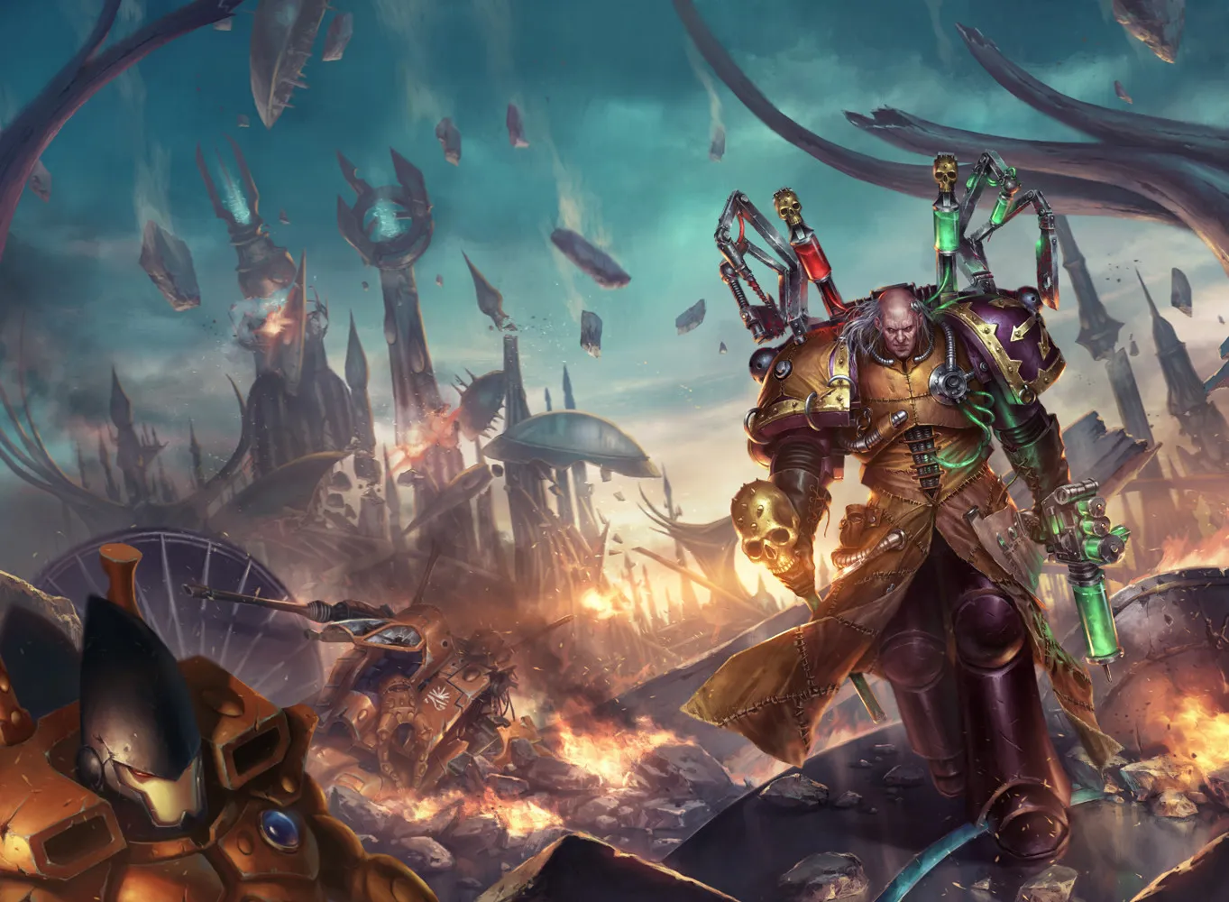 Fabius Bile walks through a ruined alien city, the Chirurgeon's arms rising over his shoulders and a skull in his hand