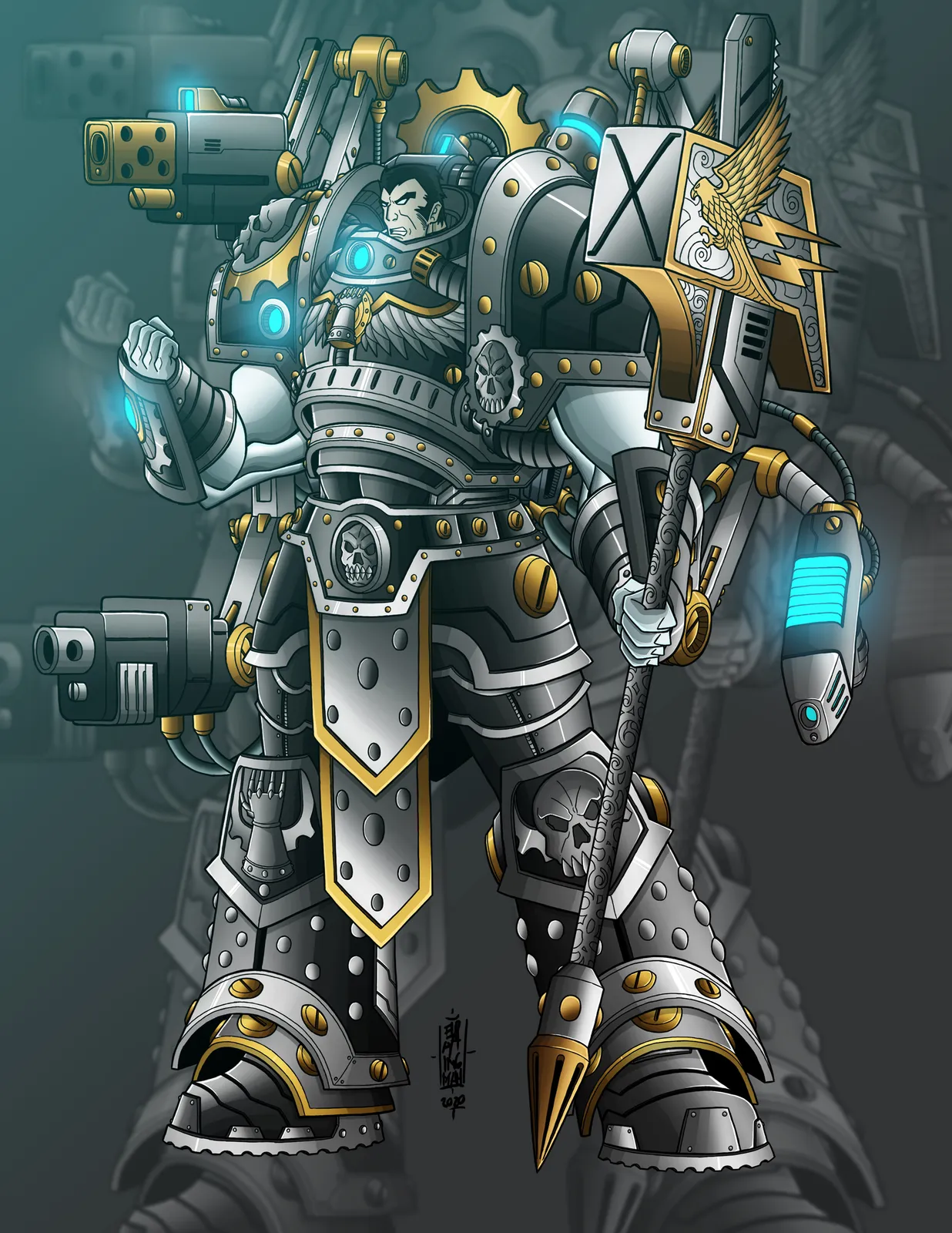 Ferrus Manus in heavy silver, black and gold armor with weapons mounted on his back and a banner bearing the X of his Legion