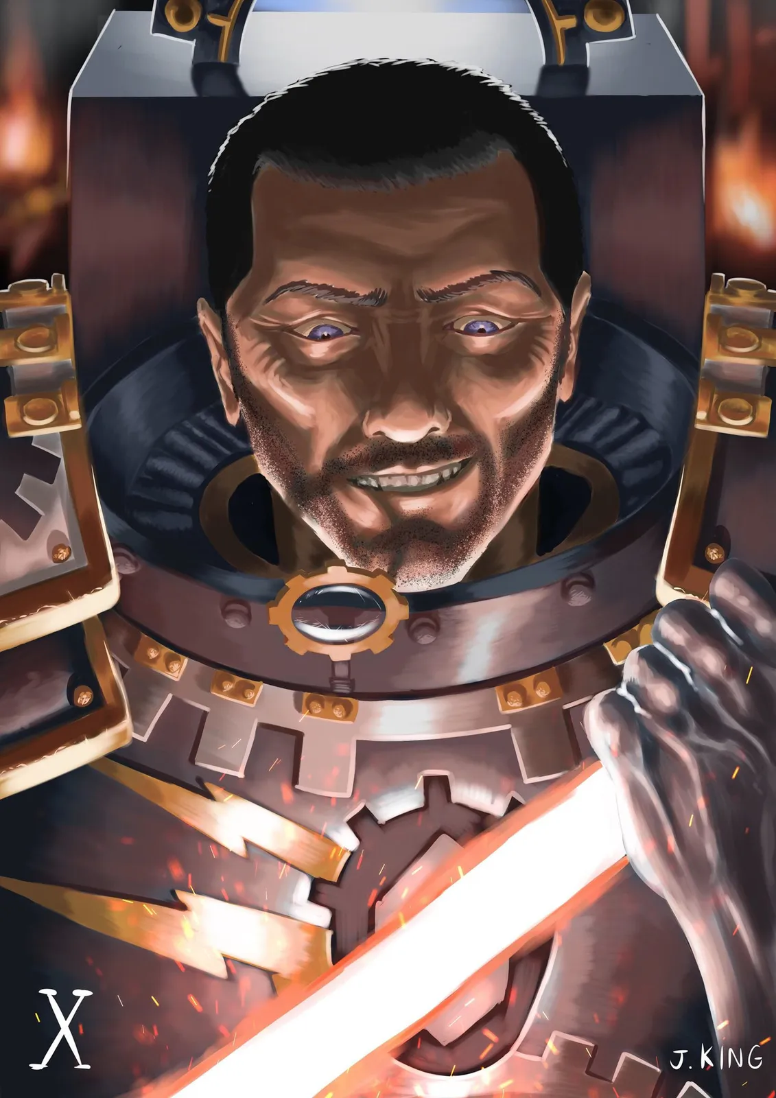 Ferrus Manus in his forge, a close portrait of the Primarch in gold-trimmed armor holding a glowing blade