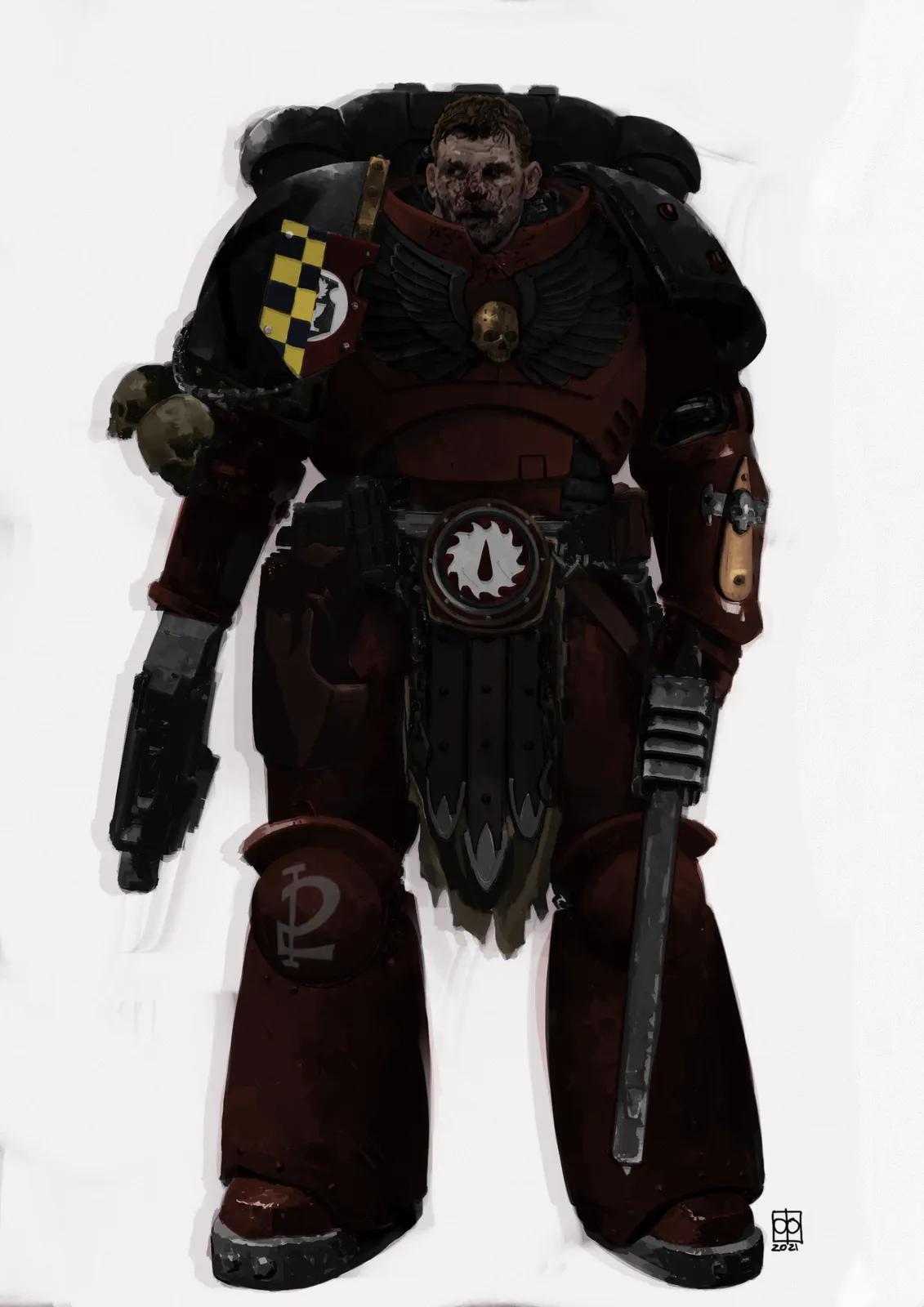 A Flesh Tearers Assault Marine in red and black armor, with chainsword and bolt pistol