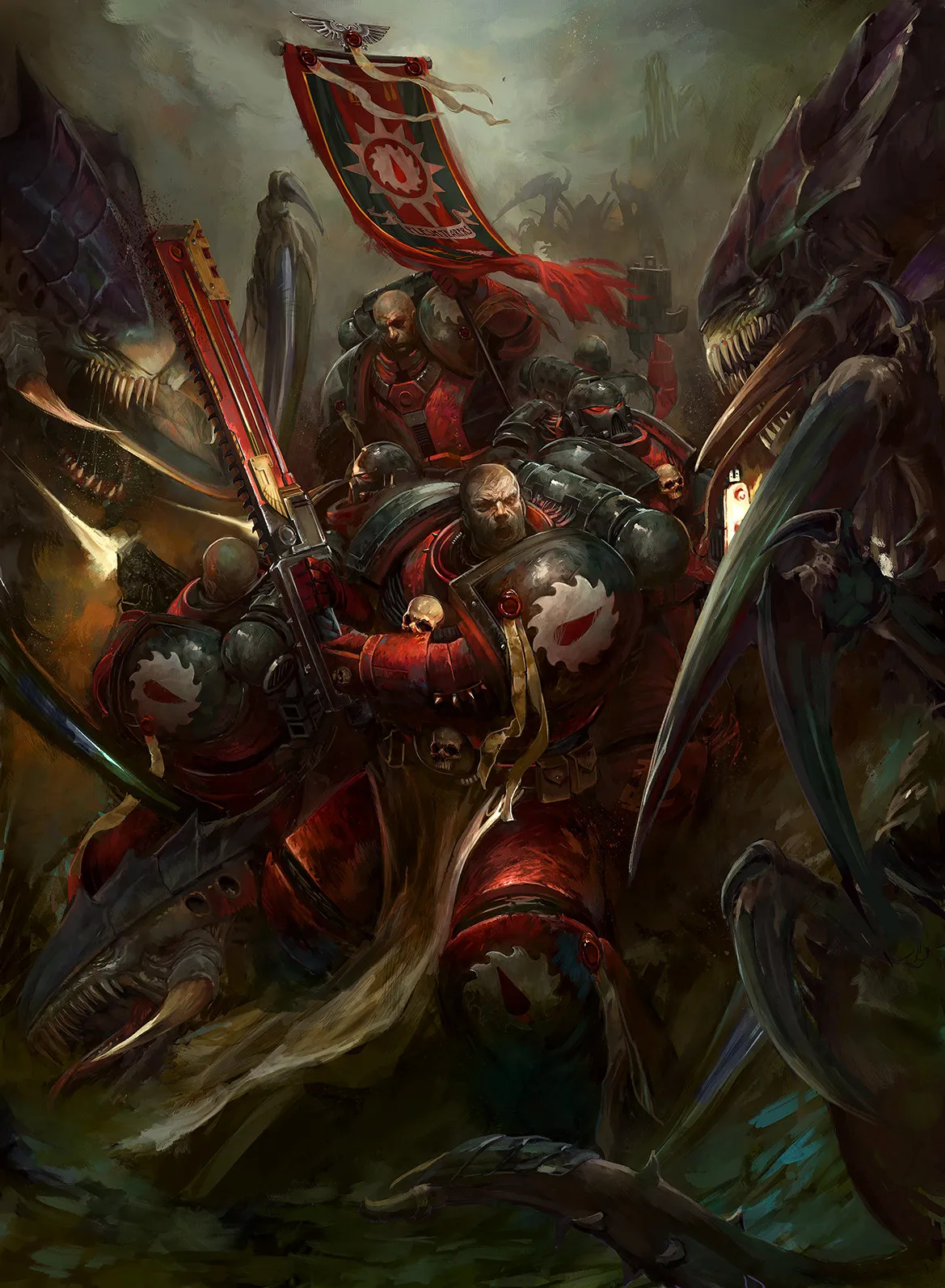 Flesh Tearers Space Marines with chainswords fight beneath their banner against a swarm of Tyranids