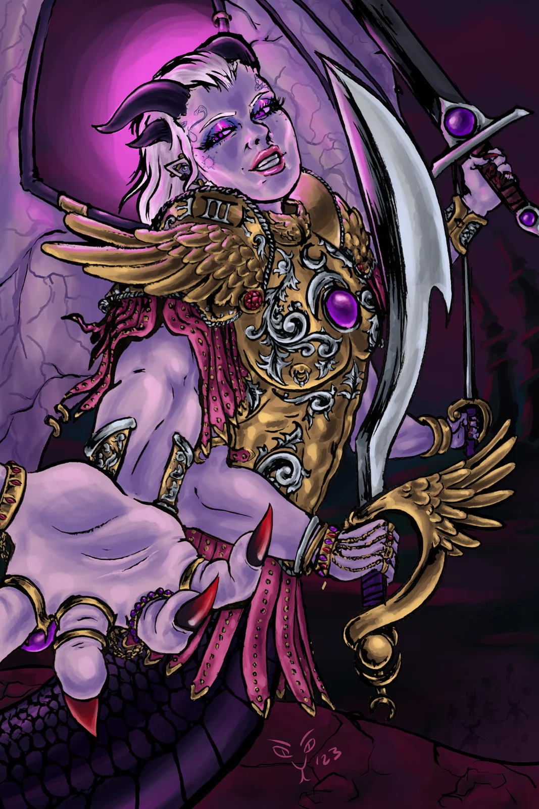 Fulgrim as a horned, serpent-tailed Daemon Primarch of Slaanesh in gilded armor, a curved blade in one of his many hands