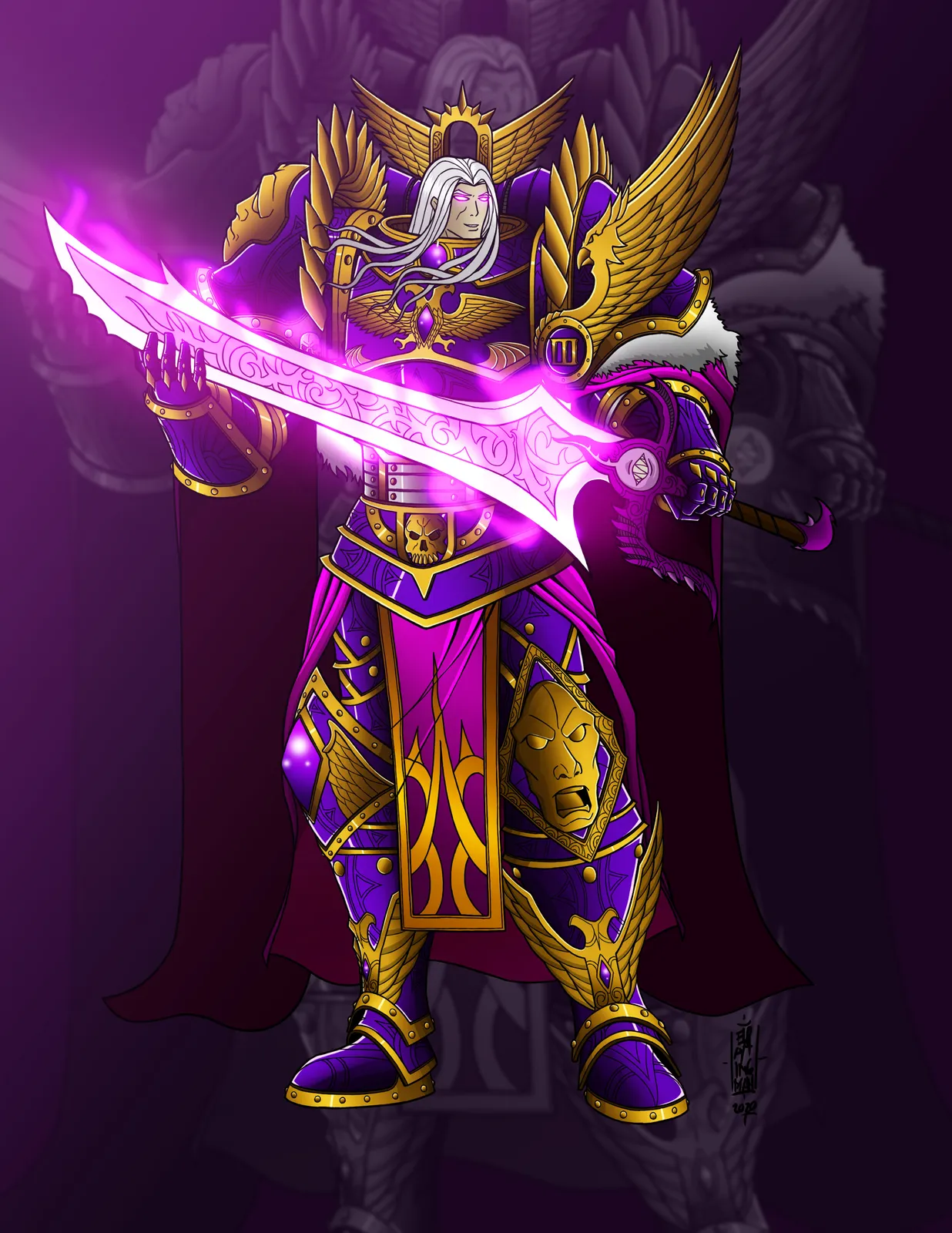 Fulgrim in ornate purple and gold armor raises a glowing, serrated sword that burns with pink light, the daemon blade of Laer