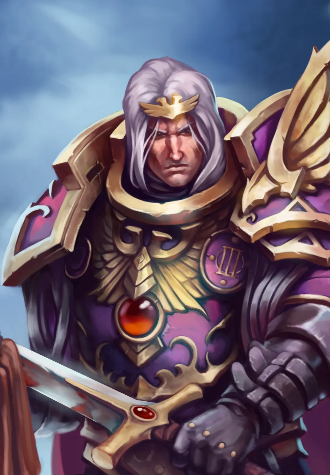 Fulgrim, the Phoenician, in purple and gold armor with the Palatine Aquila on his chest and a sword in his hand, his long white hair framing a stern face