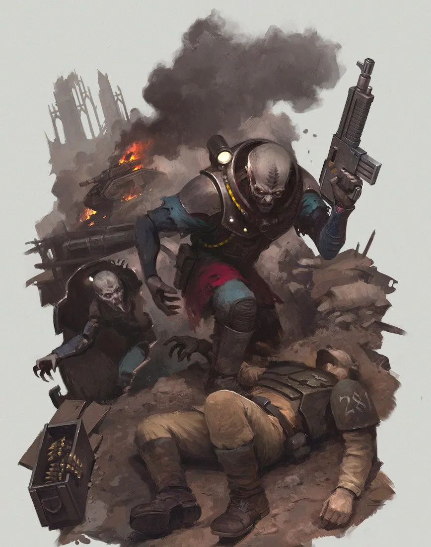 A Neophyte Hybrid of the Cult of the Four-Armed Emperor strides over a fallen Imperial Guardsman amid burning wreckage