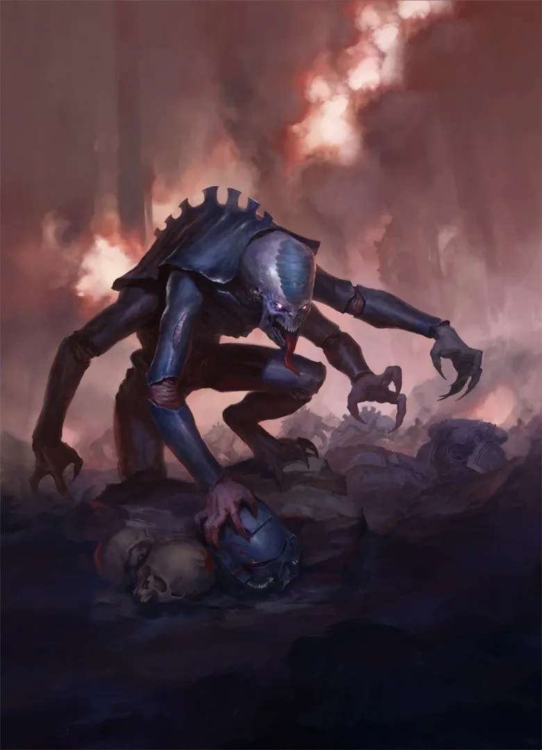 A Purestrain Genestealer crouches over a fallen soldier's skull beneath a smoke-filled red sky
