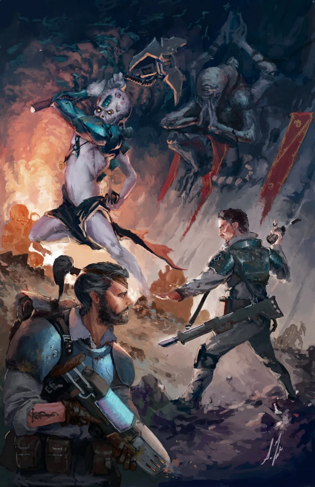 Hybrid cultists burst out of the smoke to ambush human soldiers during an uprising