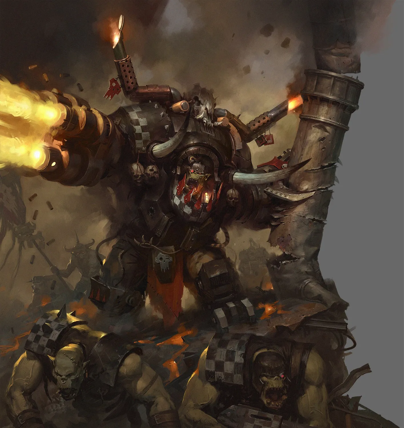 Ghazghkull Thraka in black and checked mega armour fires his guns as Goff Orks charge at his feet