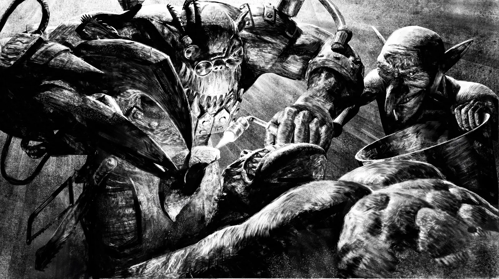 An Ork dok with goggles and surgical tools operates on a huge wounded Ork, in black and white