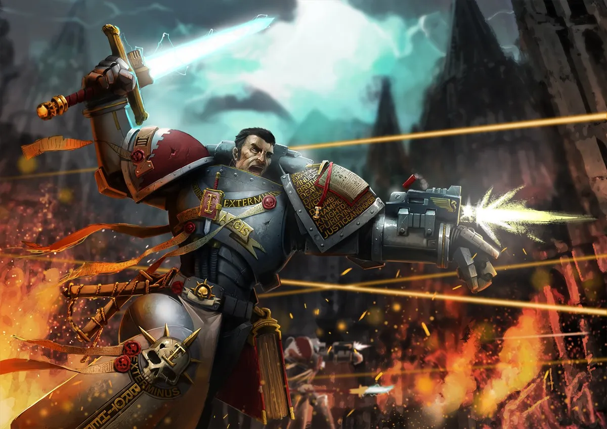 A bareheaded Grey Knight in silver and red-trimmed power armor raises a glowing Nemesis sword and fires a storm bolter through a burning gothic battlefield
