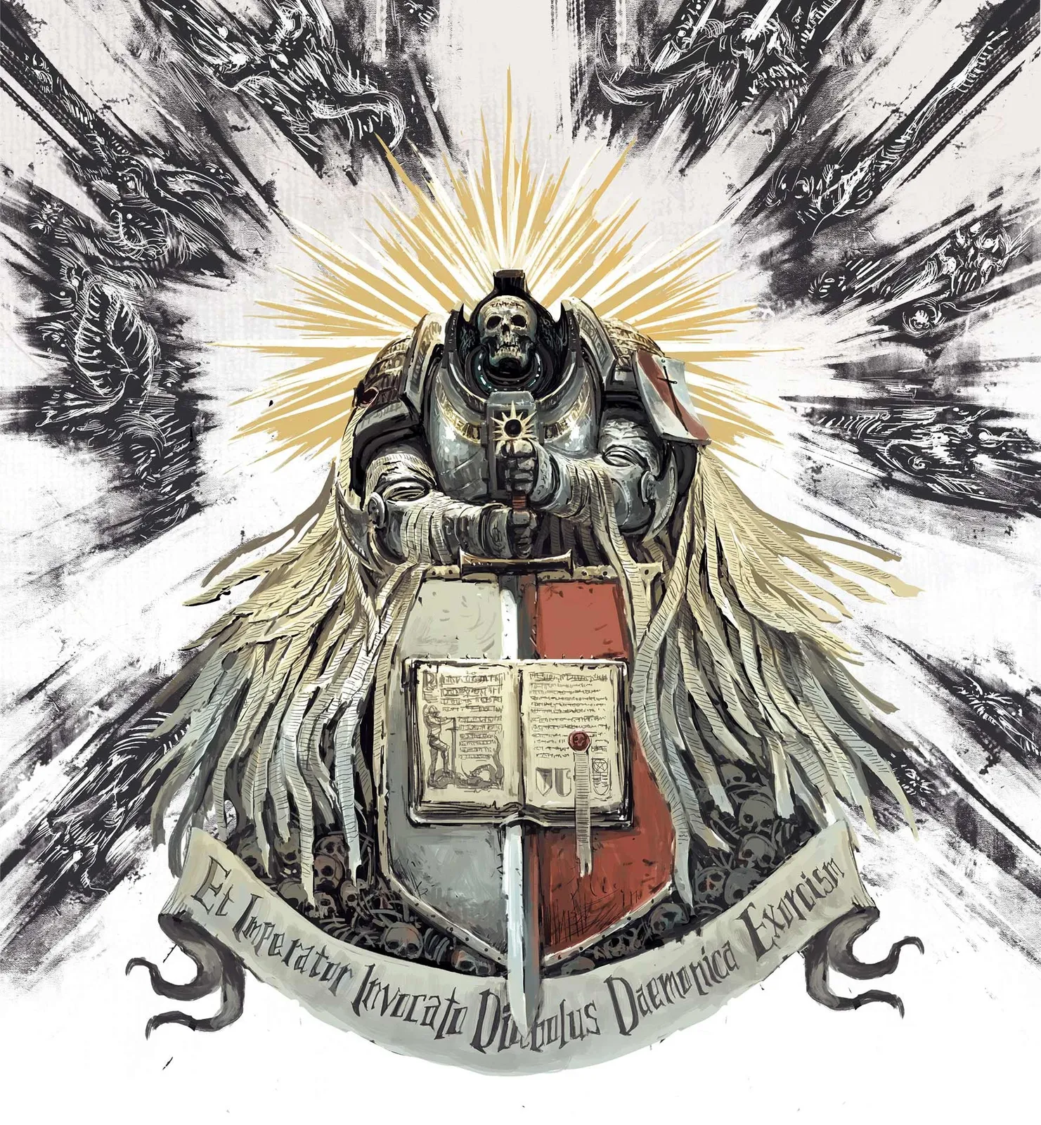 Codex frontispiece: a Grey Knight in silver armor kneels behind a red-and-silver heraldic shield and an open tome, haloed in gold above a scroll bearing a Latin motto