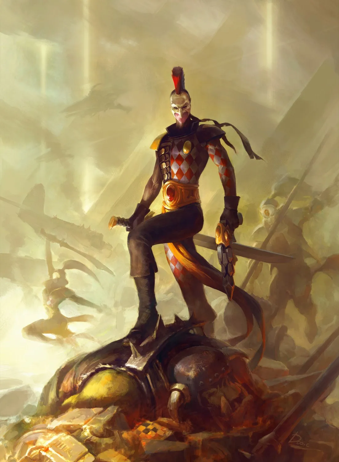 A lone Harlequin player in diamond-patterned motley stands on a mound of wreckage