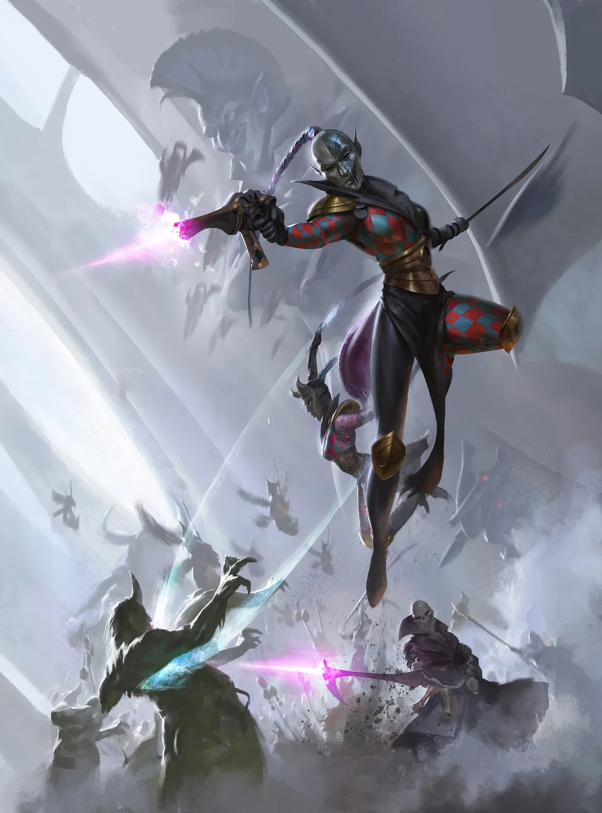 A Harlequin troupe leaps into battle in a misty webway passage, firing shuriken pistols