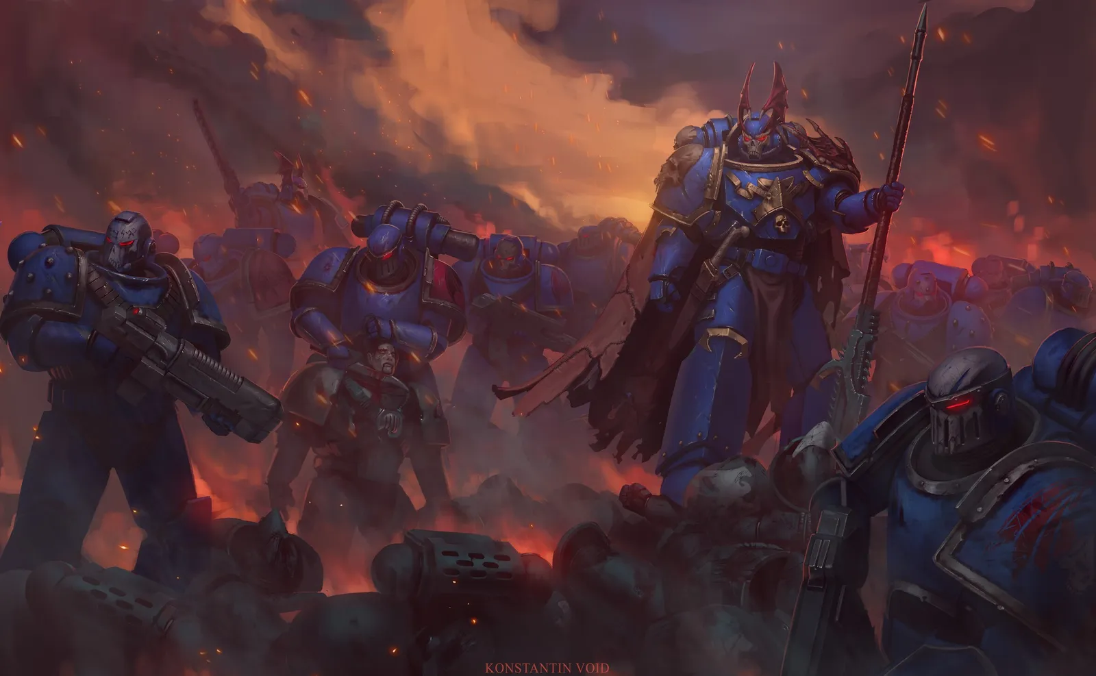 Traitor Space Marines in midnight blue advance through smoke and fire over the bodies of fallen loyalists on Isstvan V