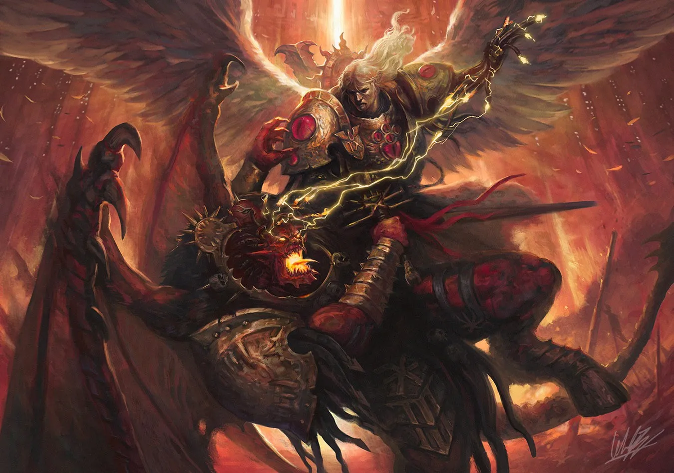 Sanguinius drives a blazing Bloodthirster to the ground amid the fires of the Siege of Terra