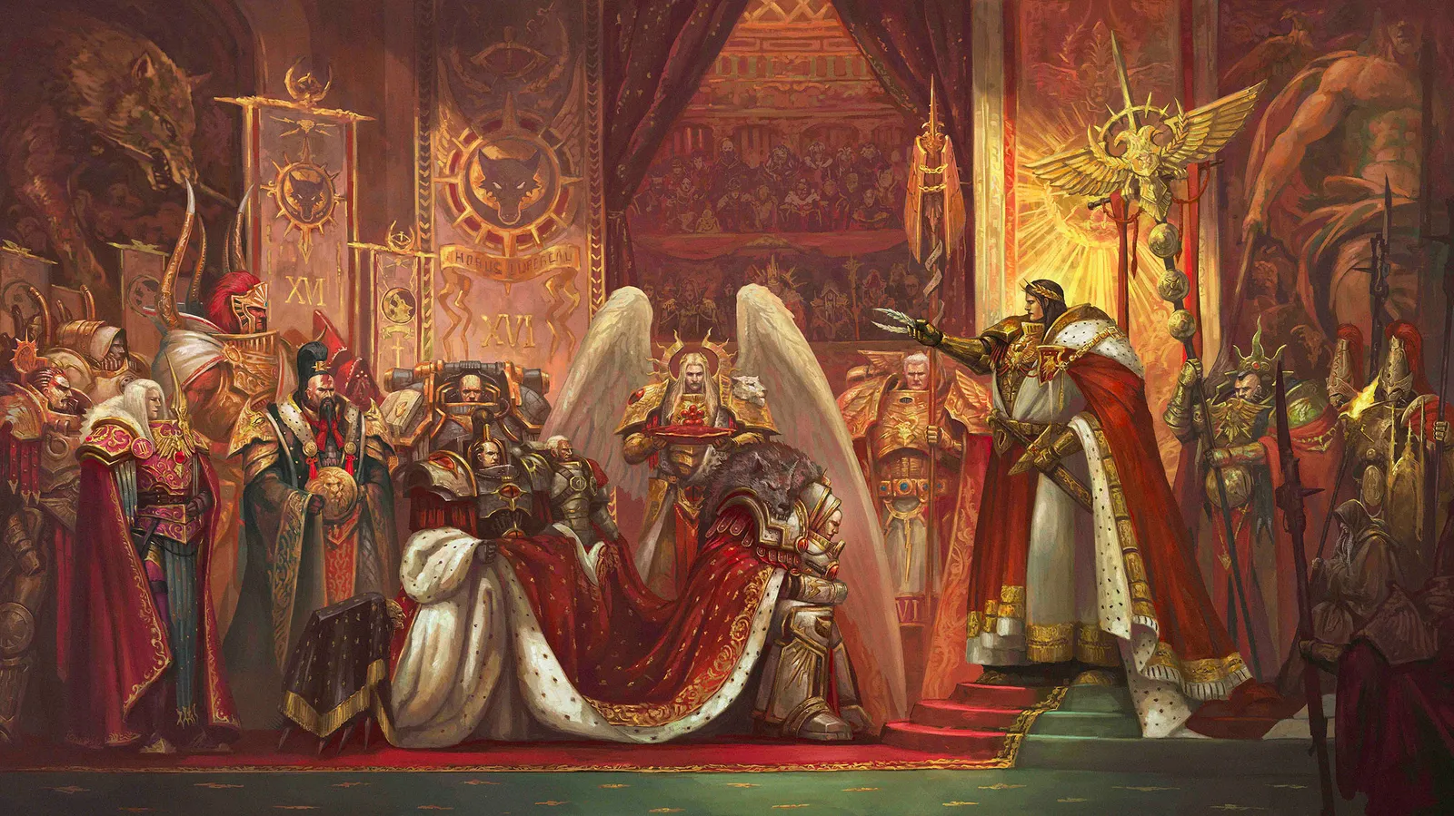 The Emperor names Horus Warmaster after the triumph of Ullanor, the kneeling Primarch surrounded by his brothers and the lords of the Imperium beneath Luna Wolves banners