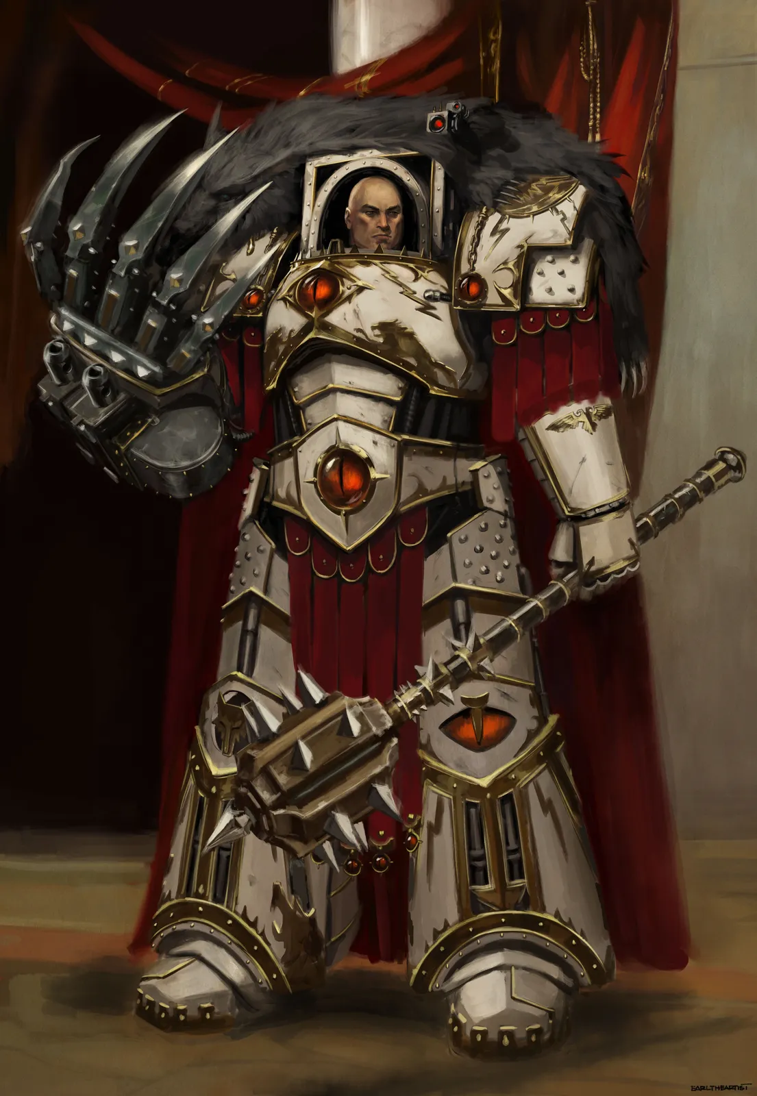 Horus Lupercal in the white armor of the Luna Wolves, the Eye of Horus on his breastplate, a wolf pelt on his shoulders and the Talon of Horus on his right hand