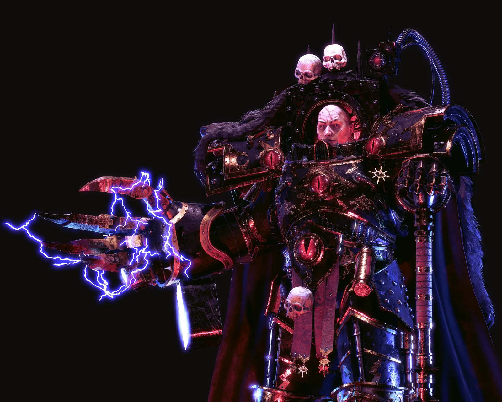 Horus as the corrupted Warmaster in black armor hung with skulls and furs, lightning crackling around the Talon of Horus