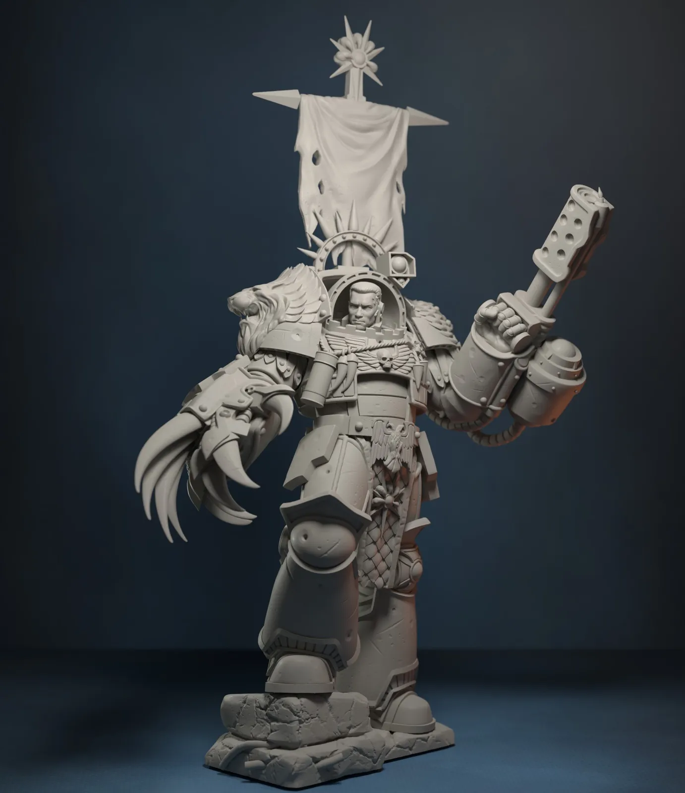 A sculpted Lufgt Huron, Chapter Master of the Astral Claws, before his fall, with a power claw and a banner above his shoulders