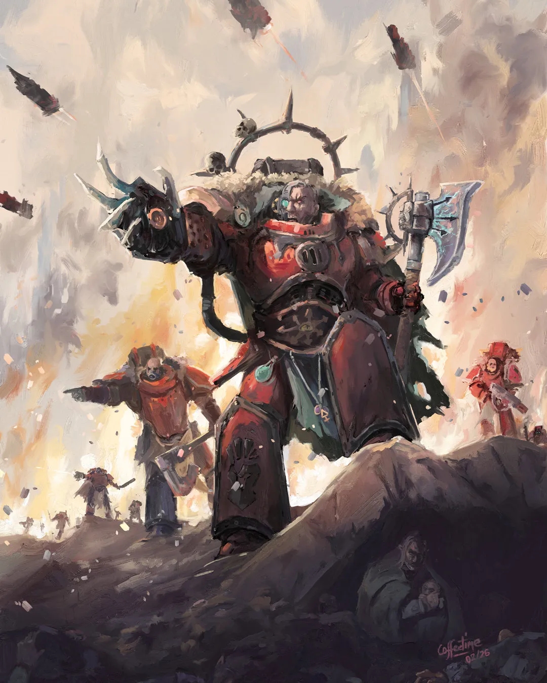 Huron Blackheart in red power armor with a fur mantle, raising the Tyrant's Claw and an axe as Red Corsairs advance through a burning battlefield