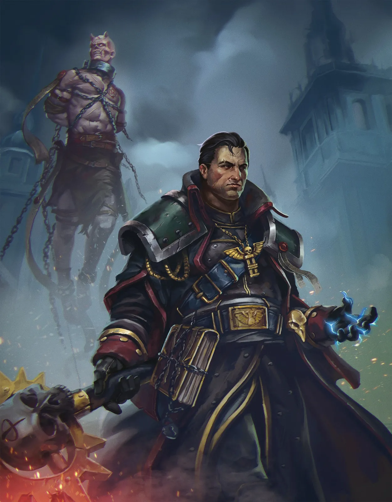 Inquisitor Gregor Eisenhorn, psychic power crackling in his hand, stands before the chained daemonhost Cherubael