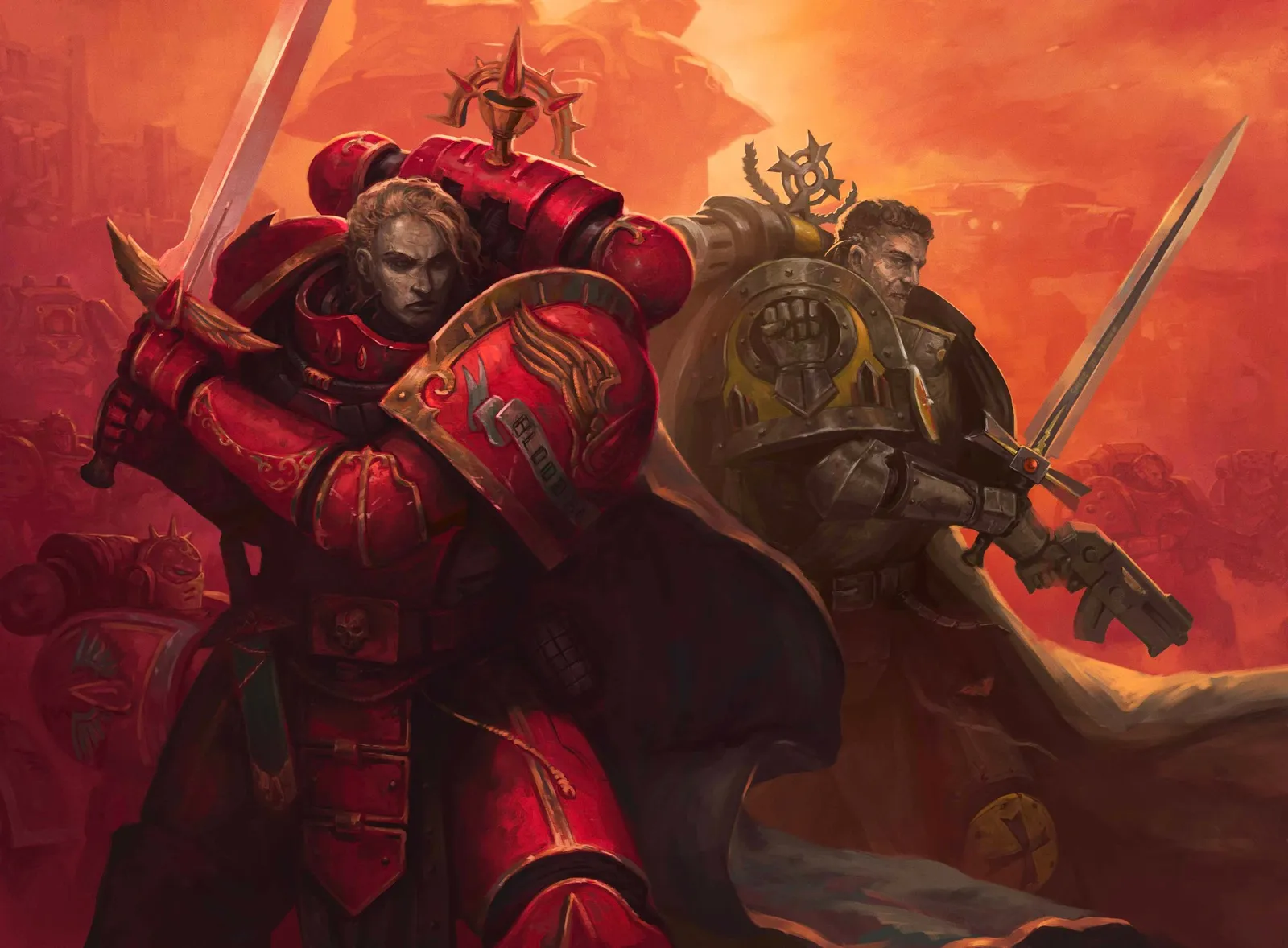 A Blood Angels captain and an Imperial Fists captain stand together, swords drawn, at the Siege of Terra