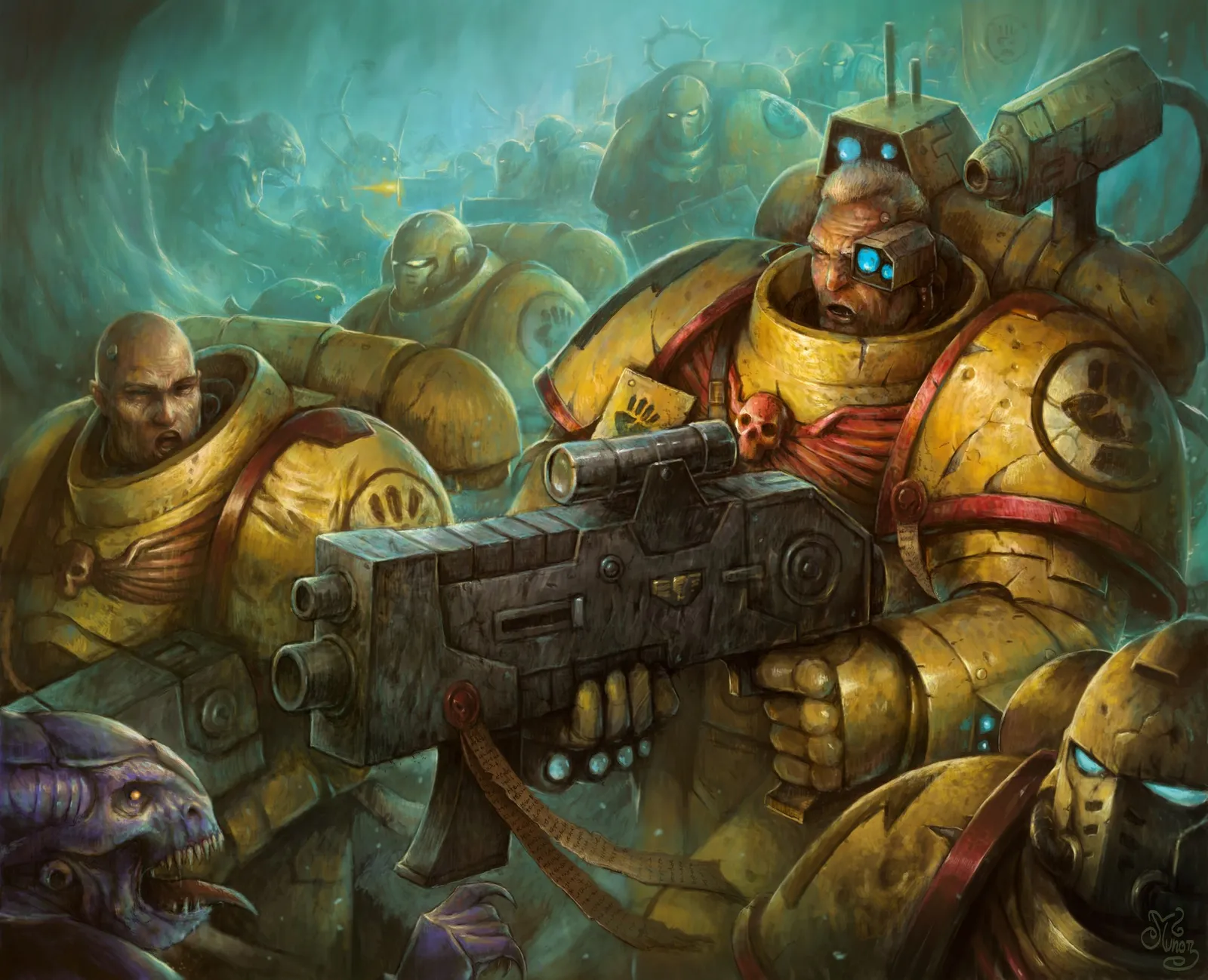 Imperial Fists veterans open fire as alien monsters close in through the haze