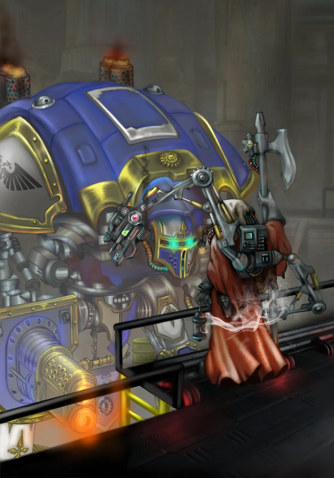 A red-robed tech-priest wafts sacred incense over a blue-and-gold Imperial Knight in its hangar, blessing the war machine before battle