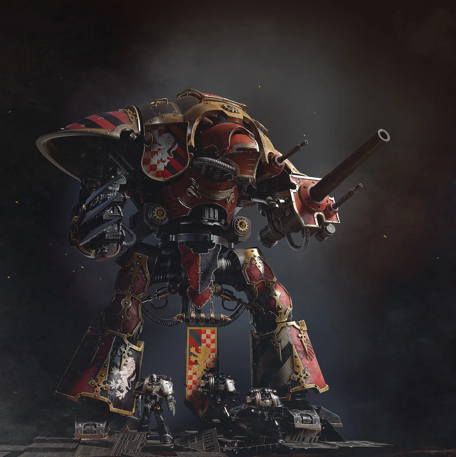 A red-armored Imperial Knight with checkered heraldry and a long battle cannon looms over Space Marines and tanks at its feet