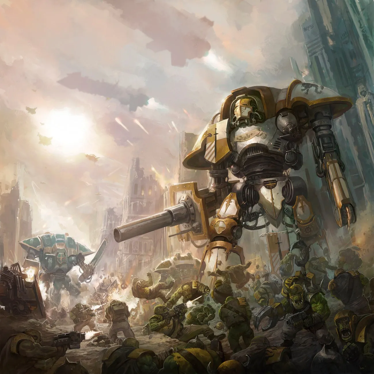 An Imperial Knight of House Degallio fires its battle cannon over a horde of Bad Moons Orks while a second Knight advances through a ruined city