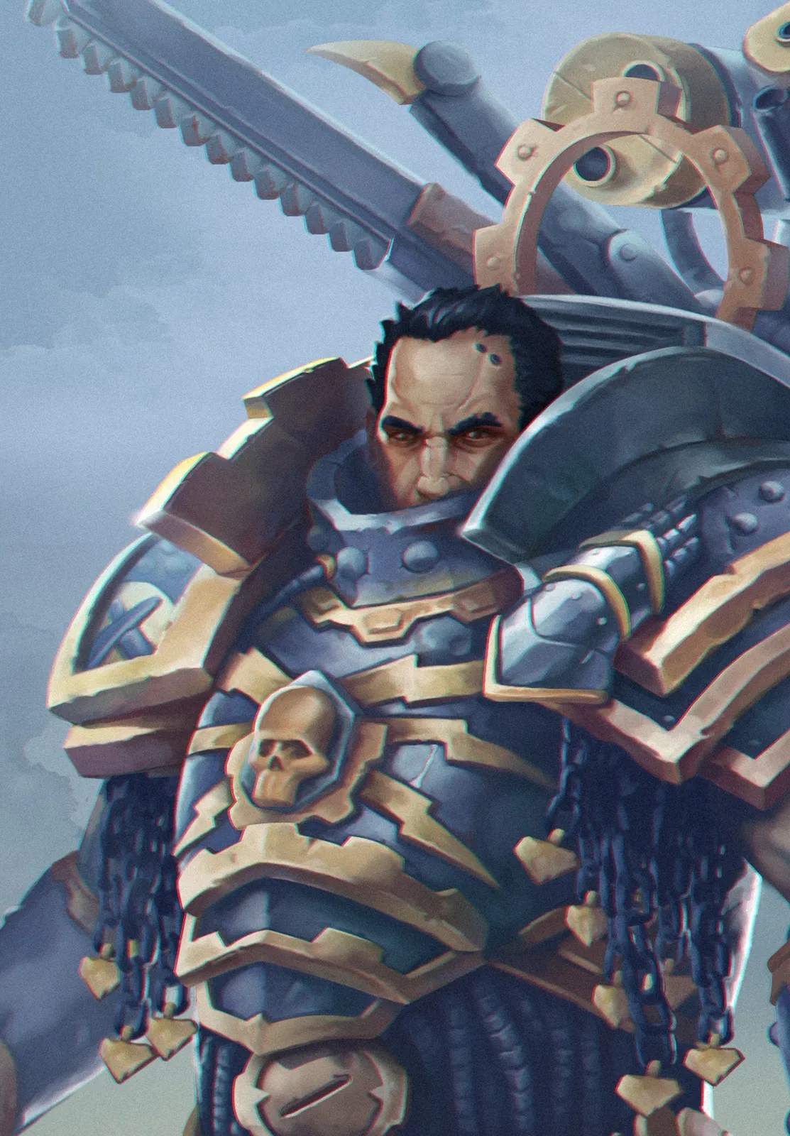Ferrus Manus, the Gorgon of Medusa, in heavy black and gold armor with weapons on his back