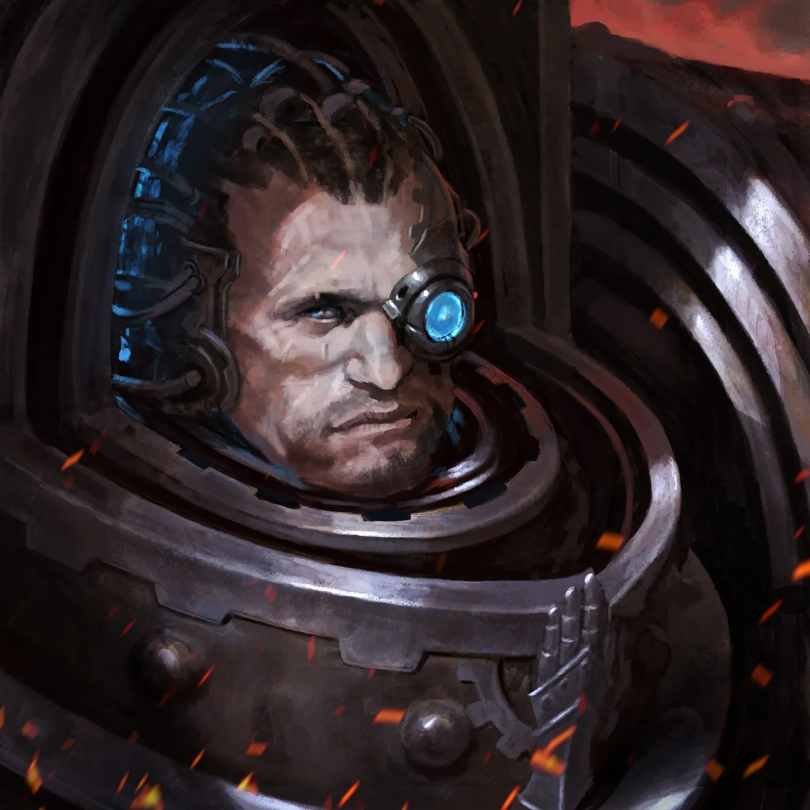 Gabriel Santar, First Captain of the Iron Hands Legion, with a bionic eye glowing blue inside his armor