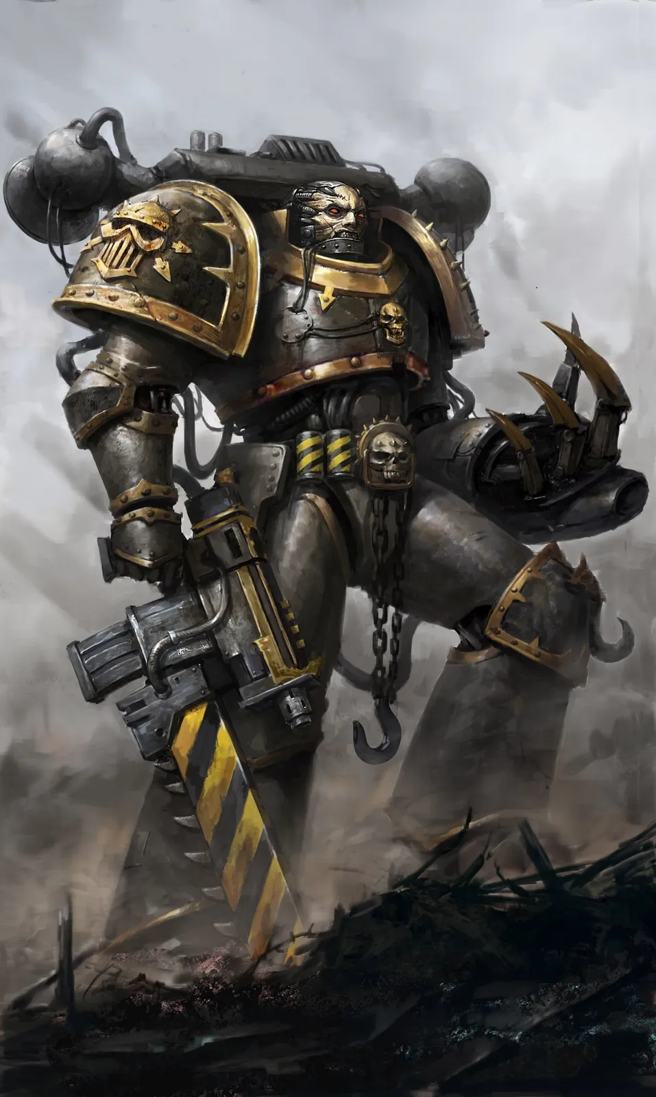 An Iron Warriors Chaos Space Marine with a hazard-striped chainsword and a lightning claw stands over rubble and smoke