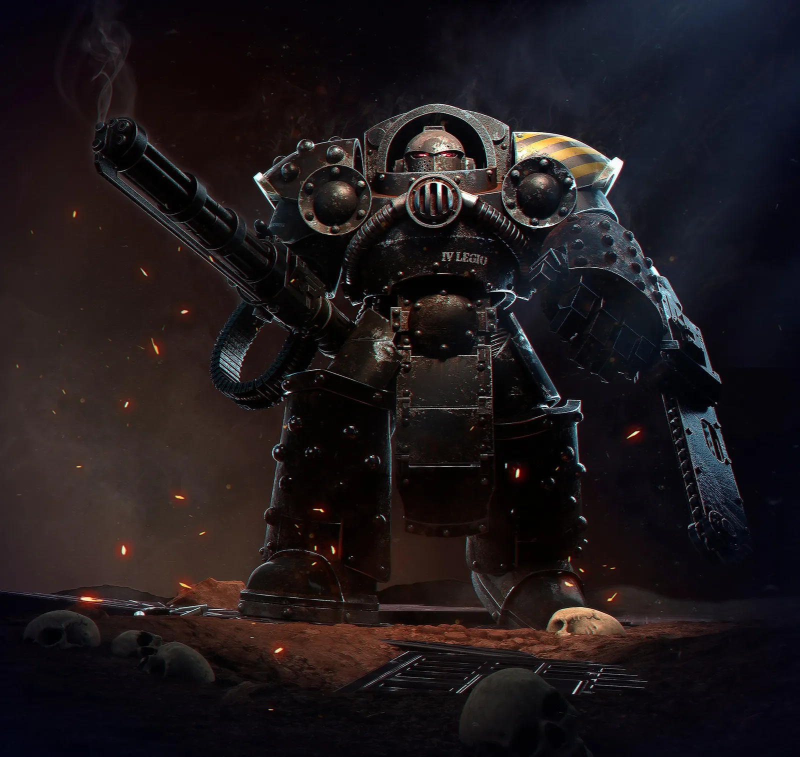 A Heresy-era Iron Warriors Terminator of the IV Legion, armed with a rotary cannon and a chainfist, stands among skulls and drifting embers