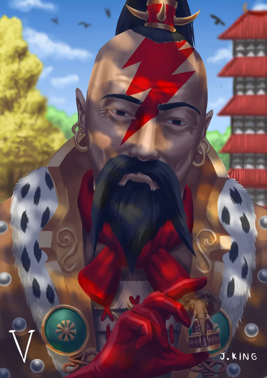 Jaghatai Khan in a fur-lined coat with a red lightning bolt painted across his face, a pagoda and trees behind him