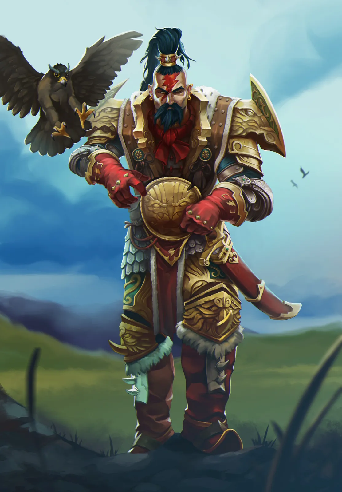 Jaghatai Khan stands on a windswept grassland in ornate gold and red armor, a hawk landing beside him and a curved sword at his hip