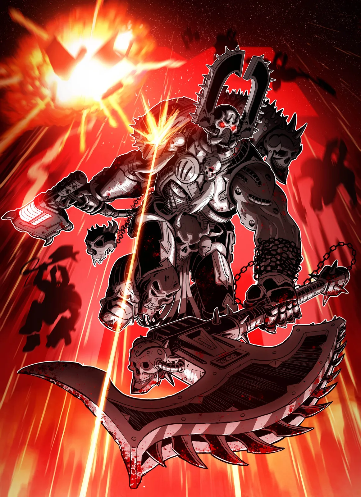 Khârn the Betrayer drops from a burning sky with Gorechild in hand as World Eaters descend behind him