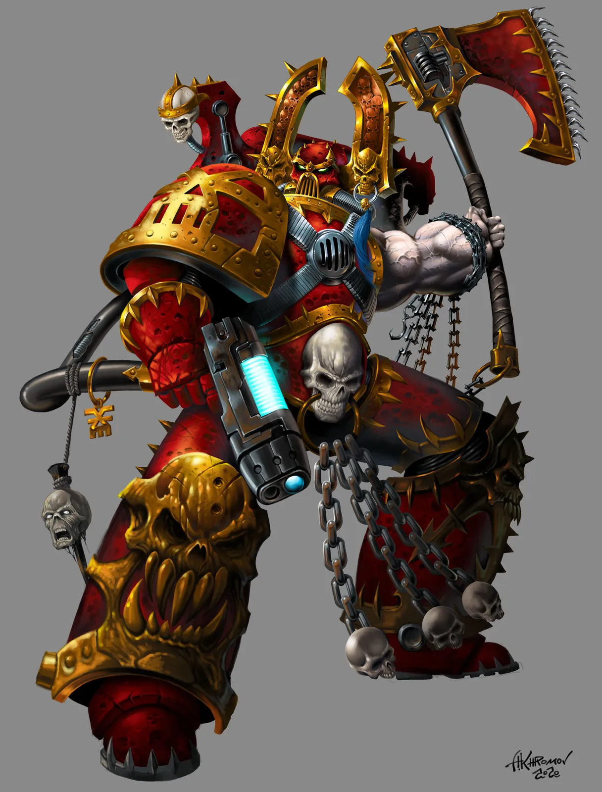 Khârn the Betrayer in red and brass power armor hung with chains and skulls, gripping the chainaxe Gorechild