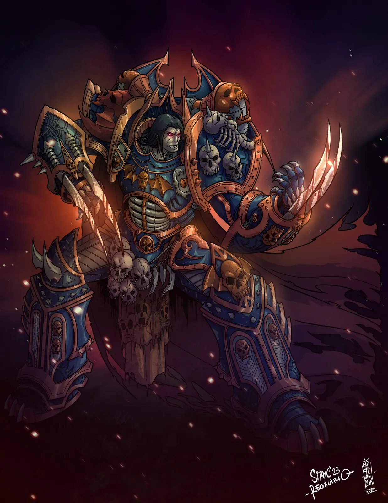 Konrad Curze in ornate blue and bronze armor decorated with skulls and bat wings, his lightning claws glowing red against a dark sky full of embers